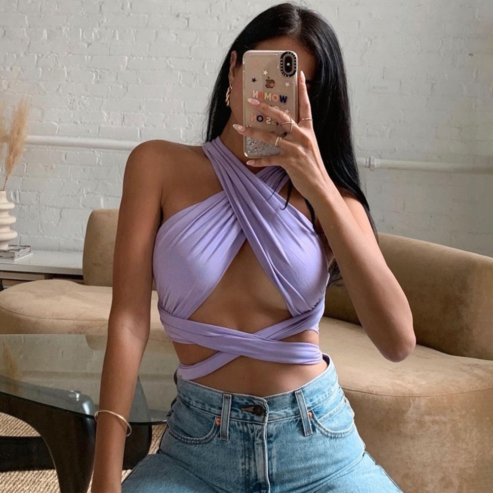 Purple sexy wrap tie halter top cami